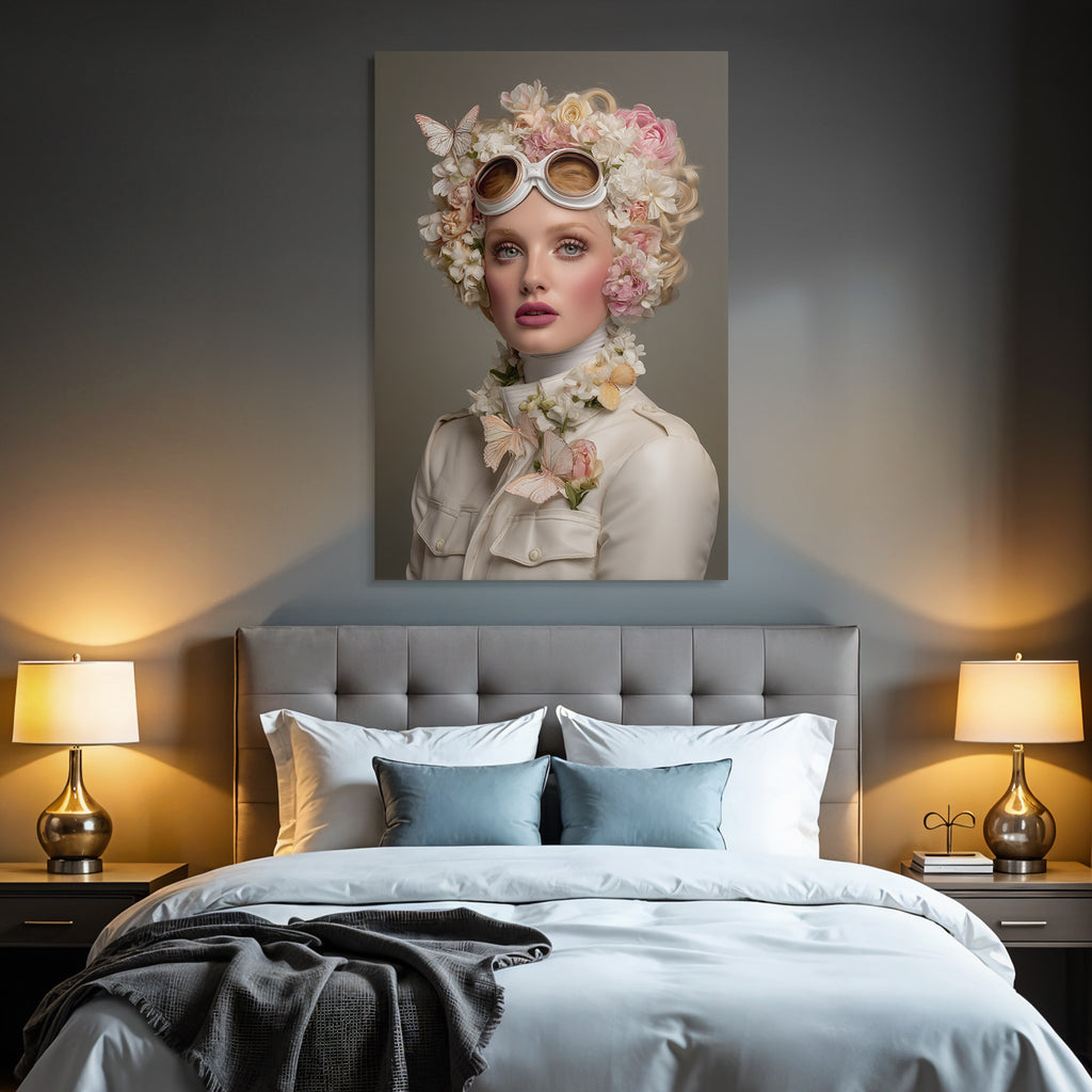 Mode Portrait Frau Blumen Schmetterlinge Weisse Googles Jacke