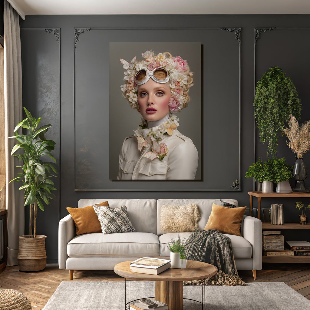 Mode Portrait Frau Blumen Schmetterlinge Weisse Googles Jacke