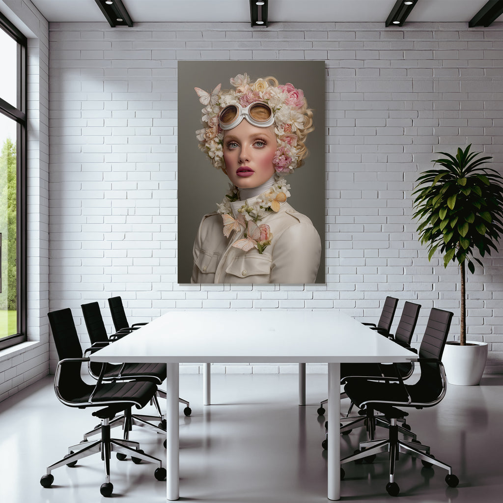 Mode Portrait Frau Blumen Schmetterlinge Weisse Googles Jacke