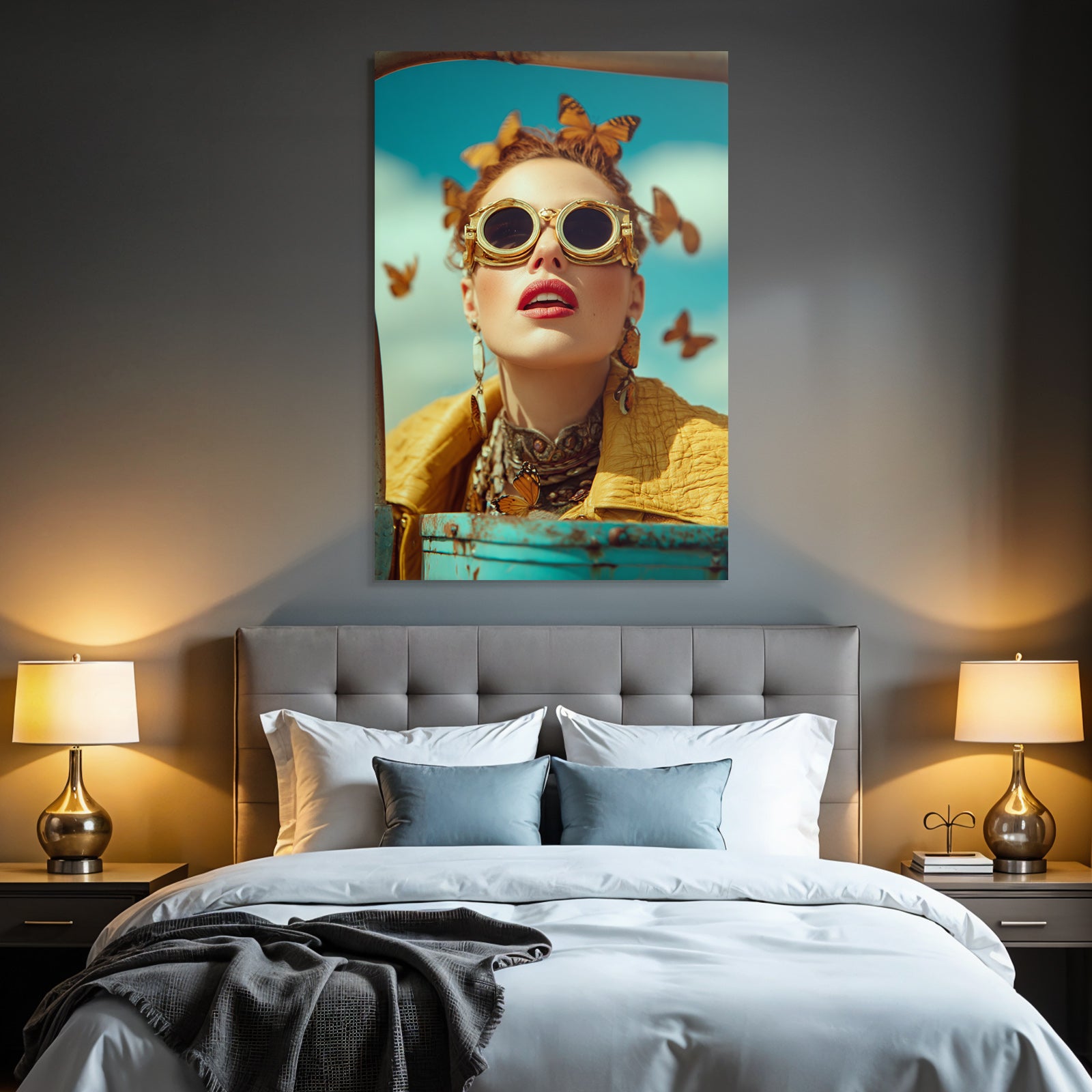 Mode Portrait Frau Mit Sonnenbrille Butterfly Accessoires Blauer Himmel