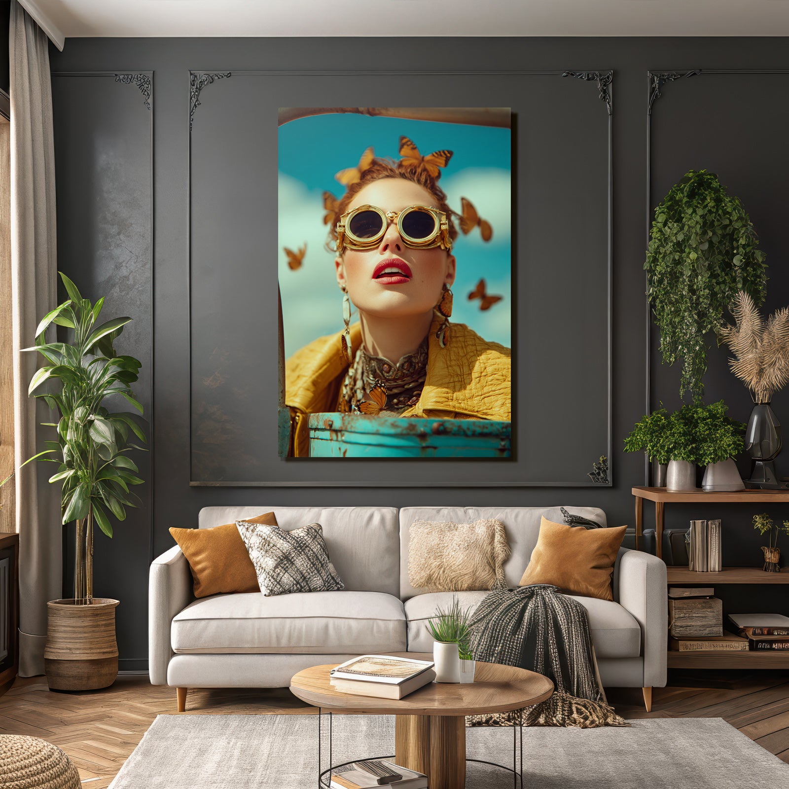 Mode Portrait Frau Mit Sonnenbrille Butterfly Accessoires Blauer Himmel