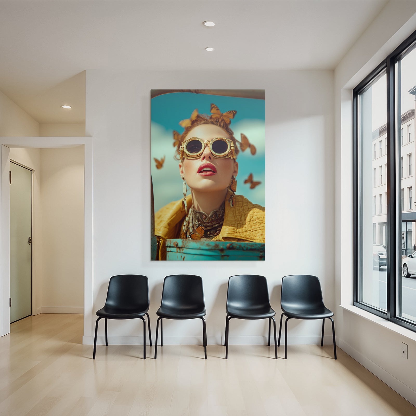 Mode Portrait Frau Mit Sonnenbrille Butterfly Accessoires Blauer Himmel