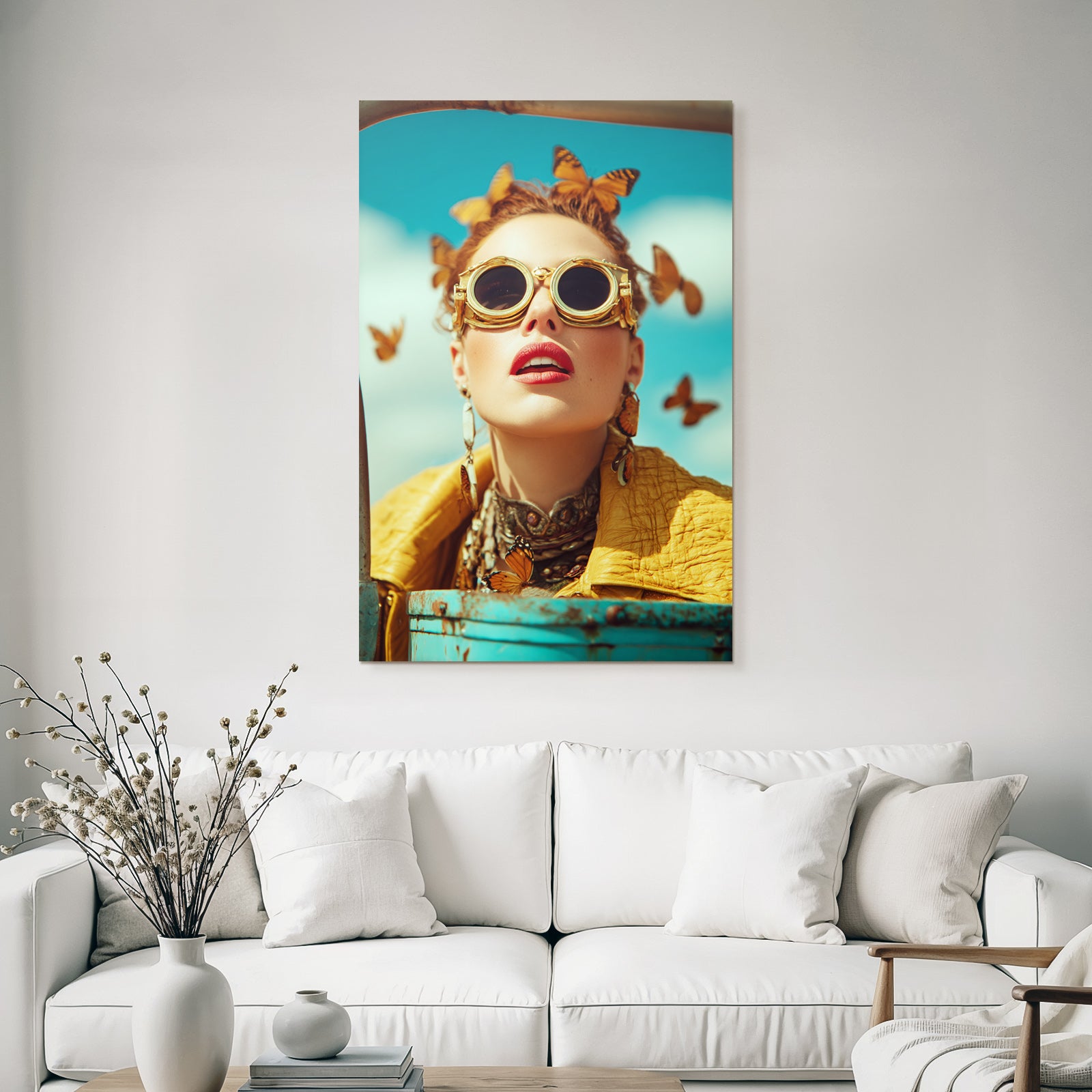 Mode Portrait Frau Mit Sonnenbrille Butterfly Accessoires Blauer Himmel