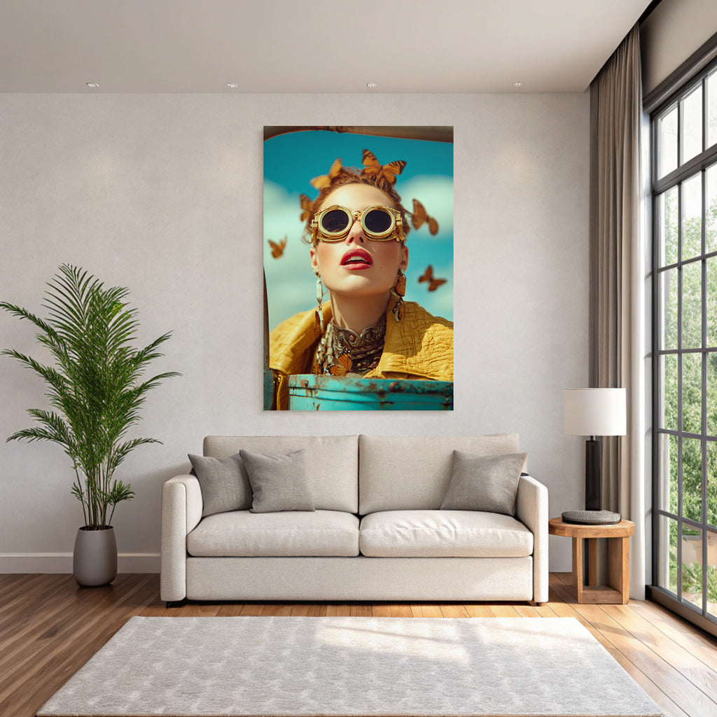 Fashion Portrait Woman With Sunglasses Butterfly Accessories Blue Sky