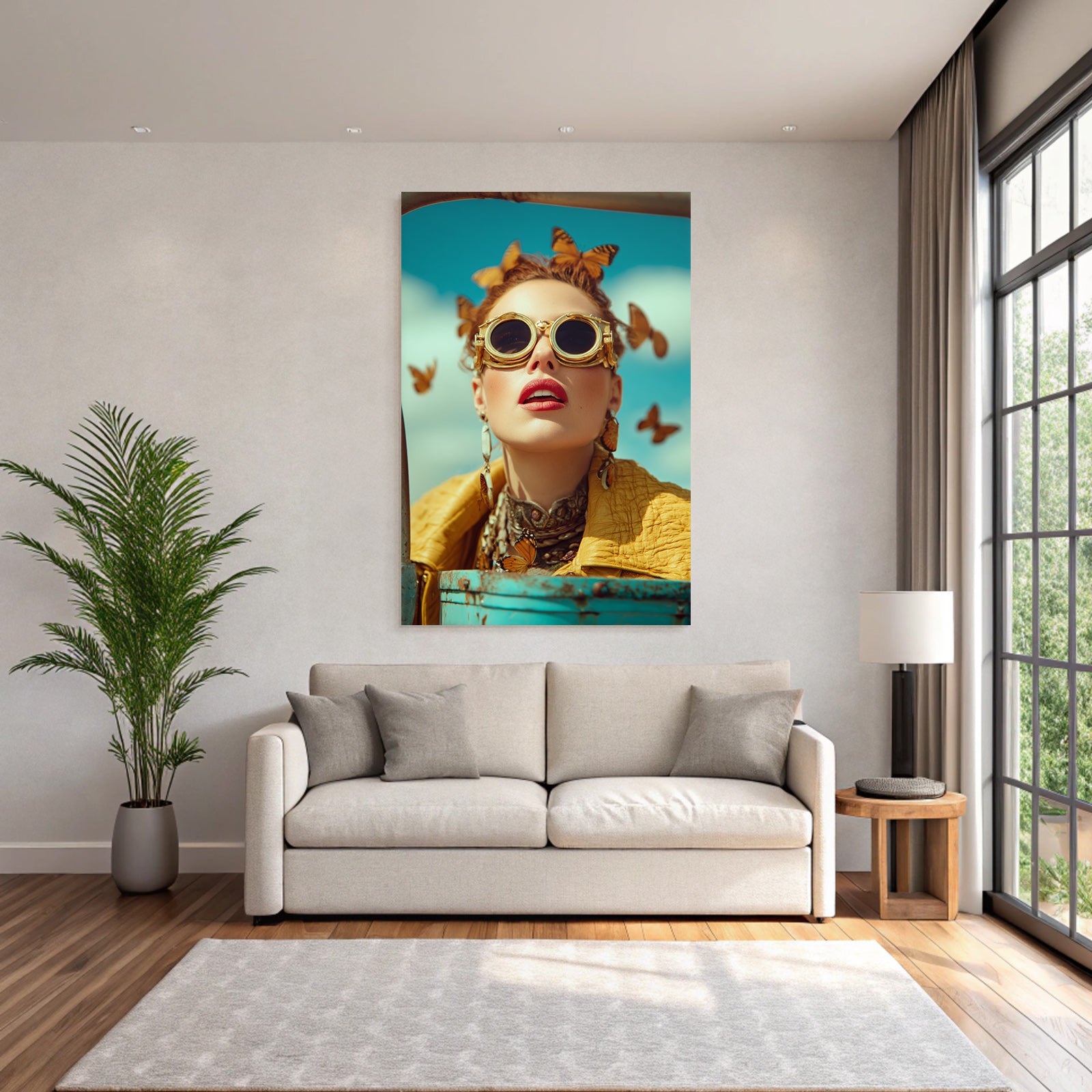 Mode Portrait Frau Mit Sonnenbrille Butterfly Accessoires Blauer Himmel