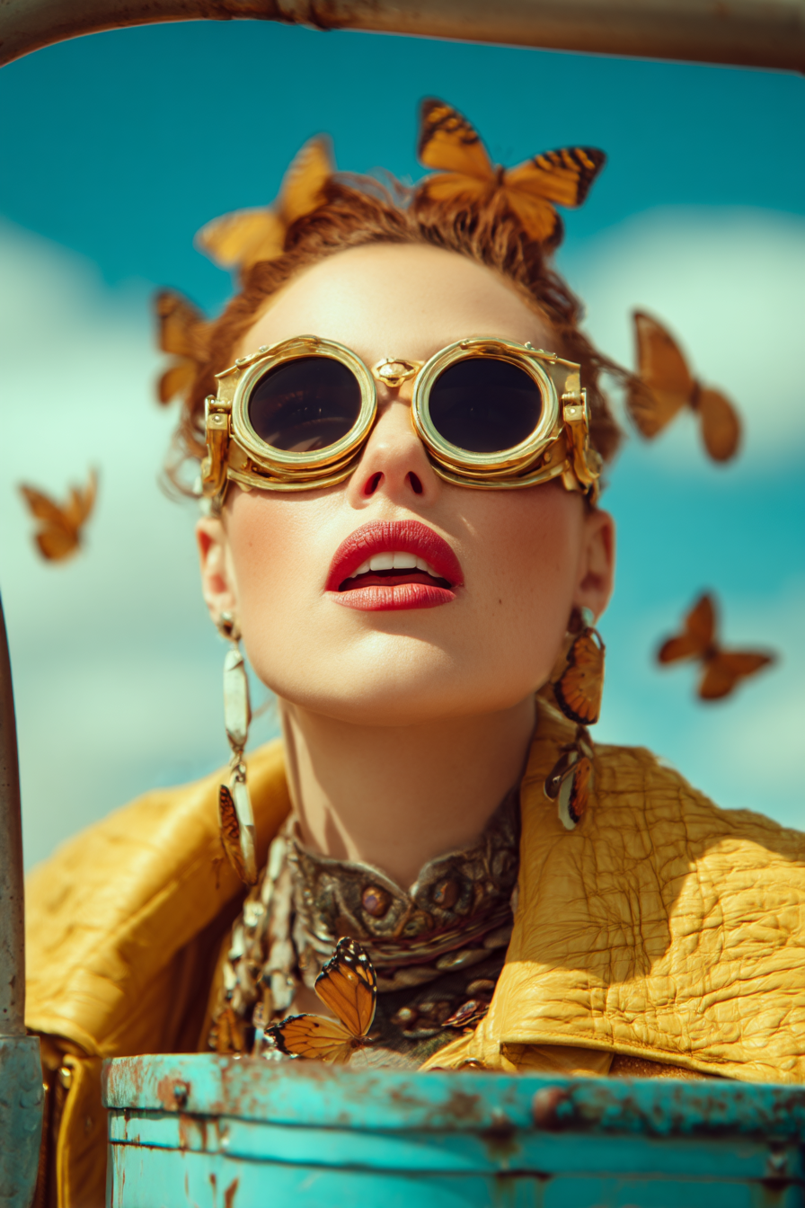 Mode Portrait Frau Mit Sonnenbrille Butterfly Accessoires Blauer Himmel | Digital Art | Kunstgattungen