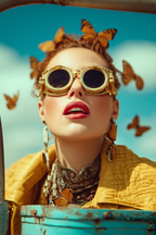 Mode Portrait Frau Mit Sonnenbrille Butterfly Accessoires Blauer Himmel | Digital Art | Kunstgattungen