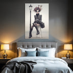 Fashion model with floral headdress and large sunglasses sitting by lamp