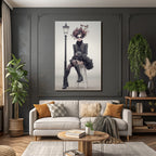 Fashion model with floral headdress and large sunglasses sitting by lamp