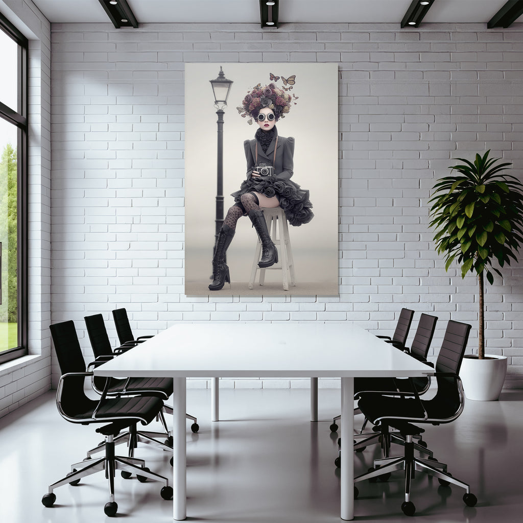 Fashion model with floral headdress and large sunglasses sitting by lamp