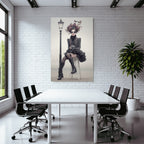 Fashion model with floral headdress and large sunglasses sitting by lamp