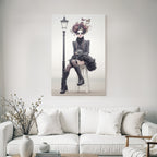Fashion model with floral headdress and large sunglasses sitting by lamp
