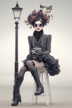 Modemodel Mit Floralem Kopfputz Und Grossen Sonnenbrillen Sitzend An Lampe | Digital Art | Kunstgattungen