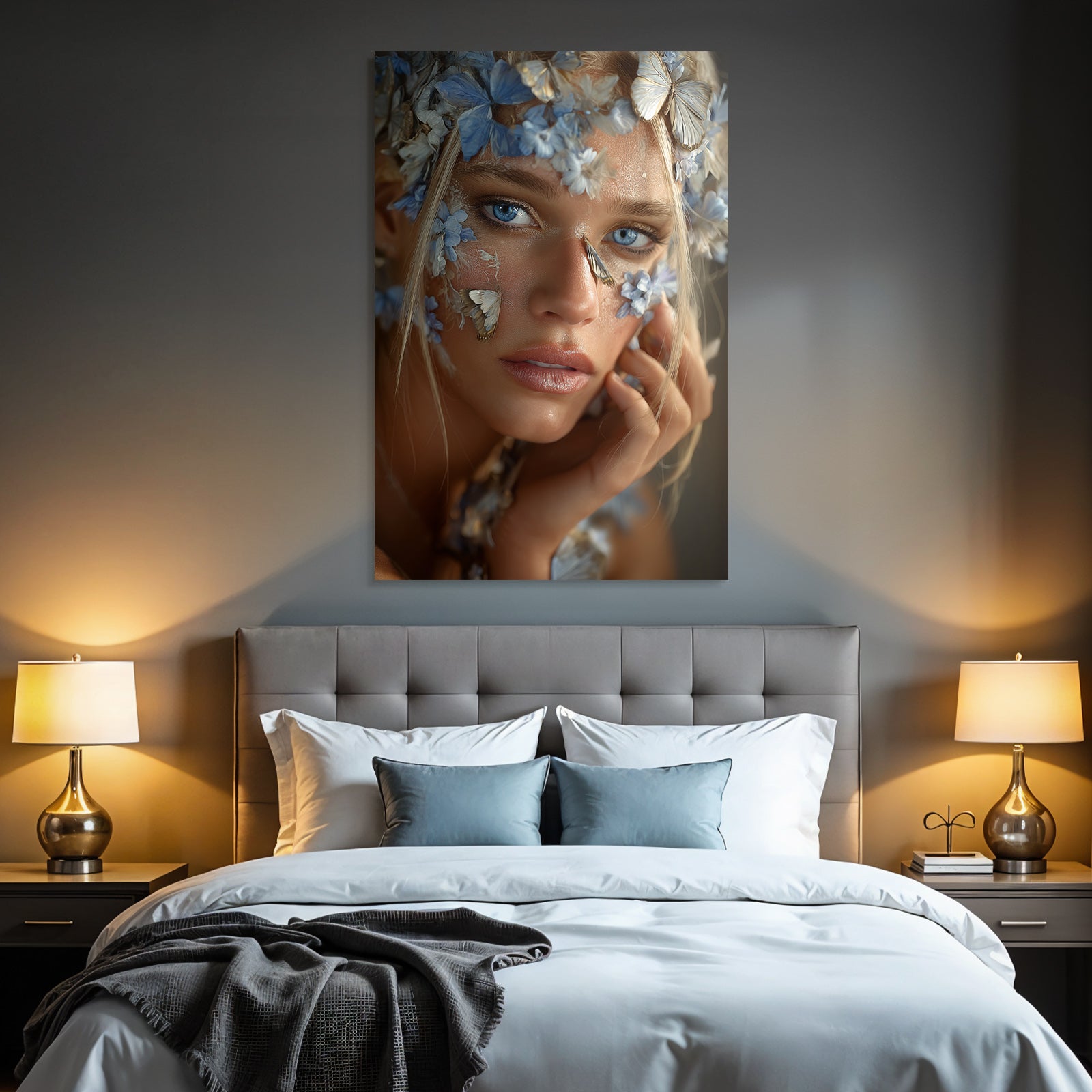 Naheaufnahme Portrait Mit Flmettern Und Blauen Blumen Natur Aesthetik