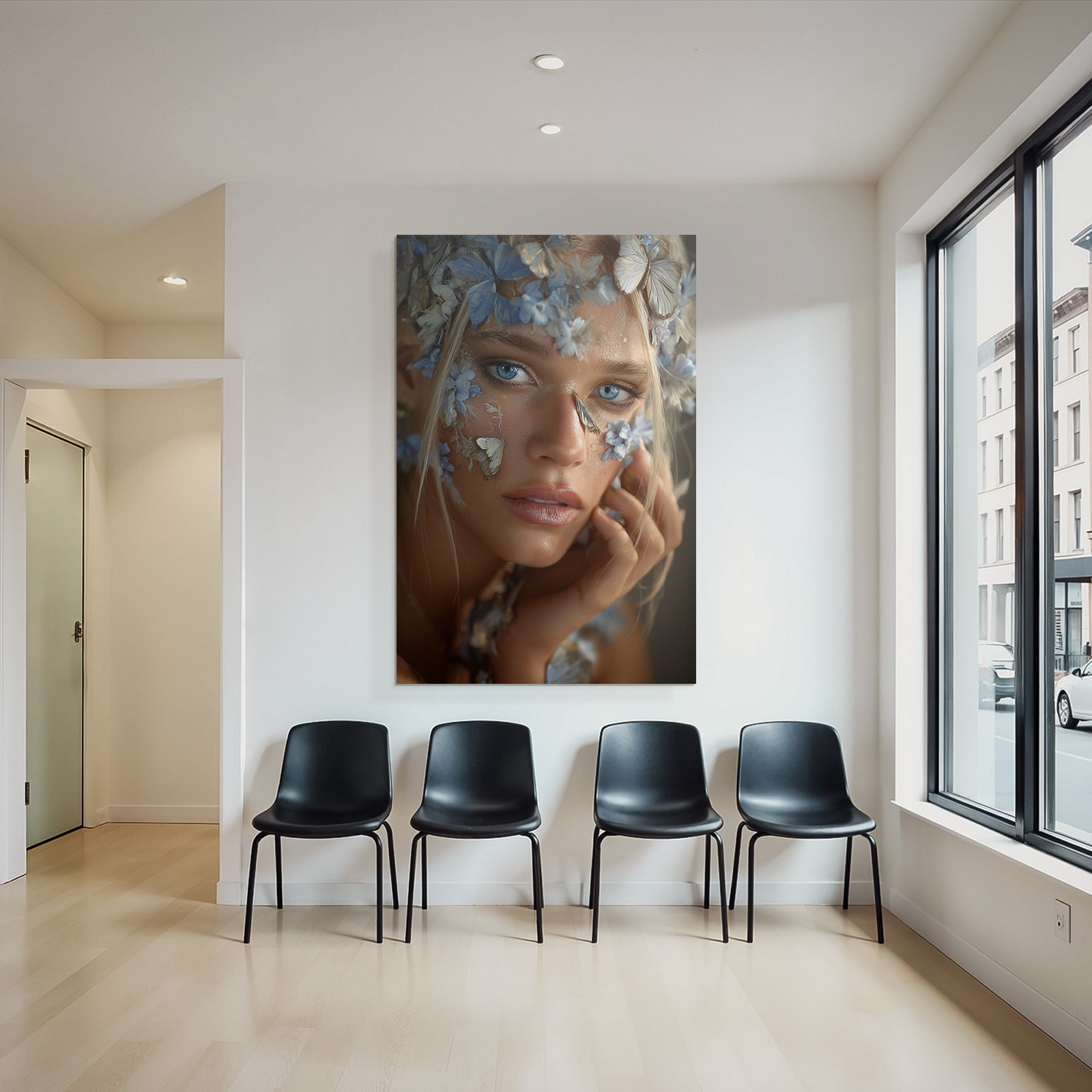 Naheaufnahme Portrait Mit Flmettern Und Blauen Blumen Natur Aesthetik