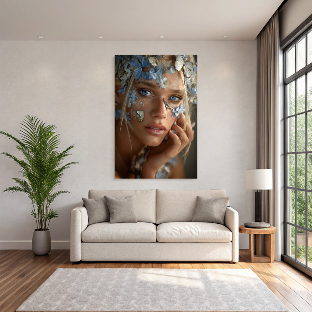 Naheaufnahme Portrait Mit Flmettern Und Blauen Blumen Natur Aesthetik