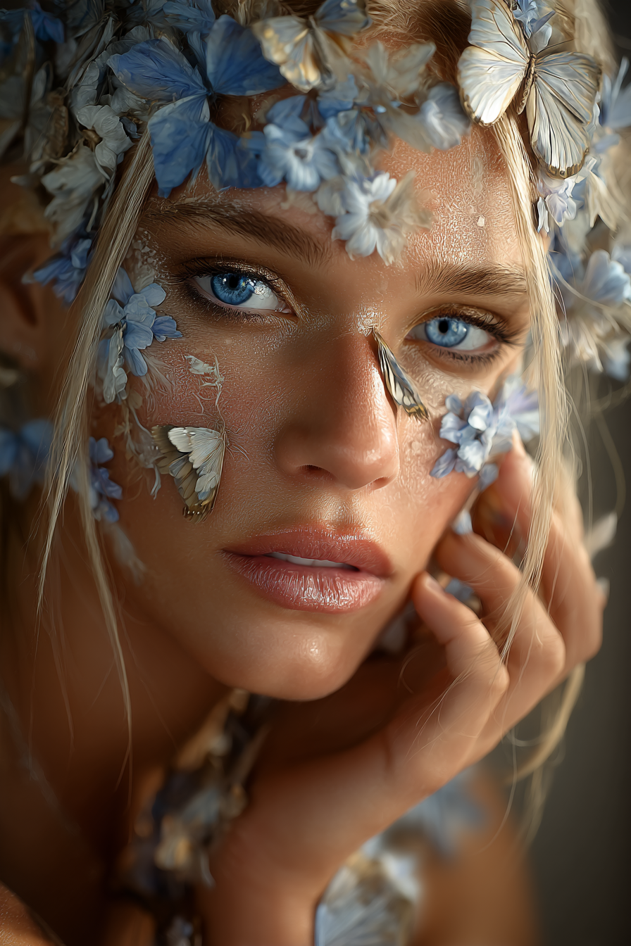 Naheaufnahme Portrait Mit Flmettern Und Blauen Blumen Natur Aesthetik | Digital Art | Kunstgattungen