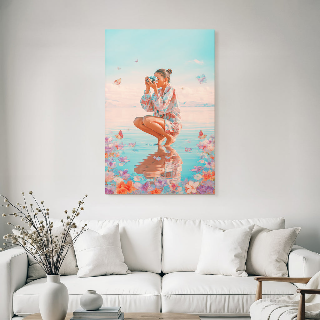 Person Im Wasser Mit Kamera Blumen Und Schmetterlinge