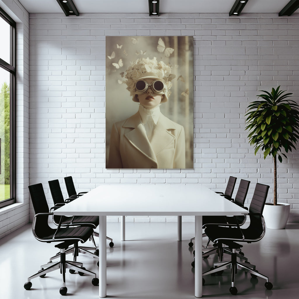Person Mit Blumenhut Und Goggles Umgeben Von Schmetterlingen Fantasy Aesthetik