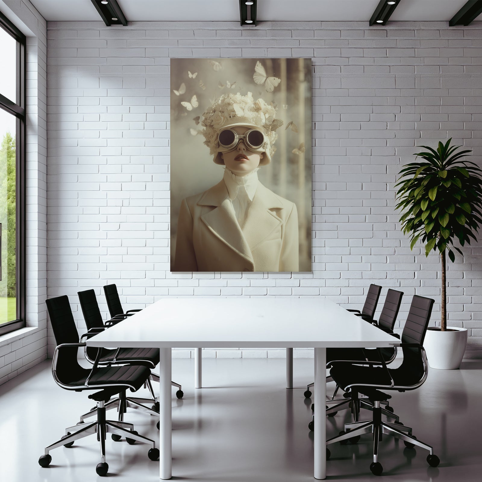 Person Mit Blumenhut Und Goggles Umgeben Von Schmetterlingen Fantasy Aesthetik