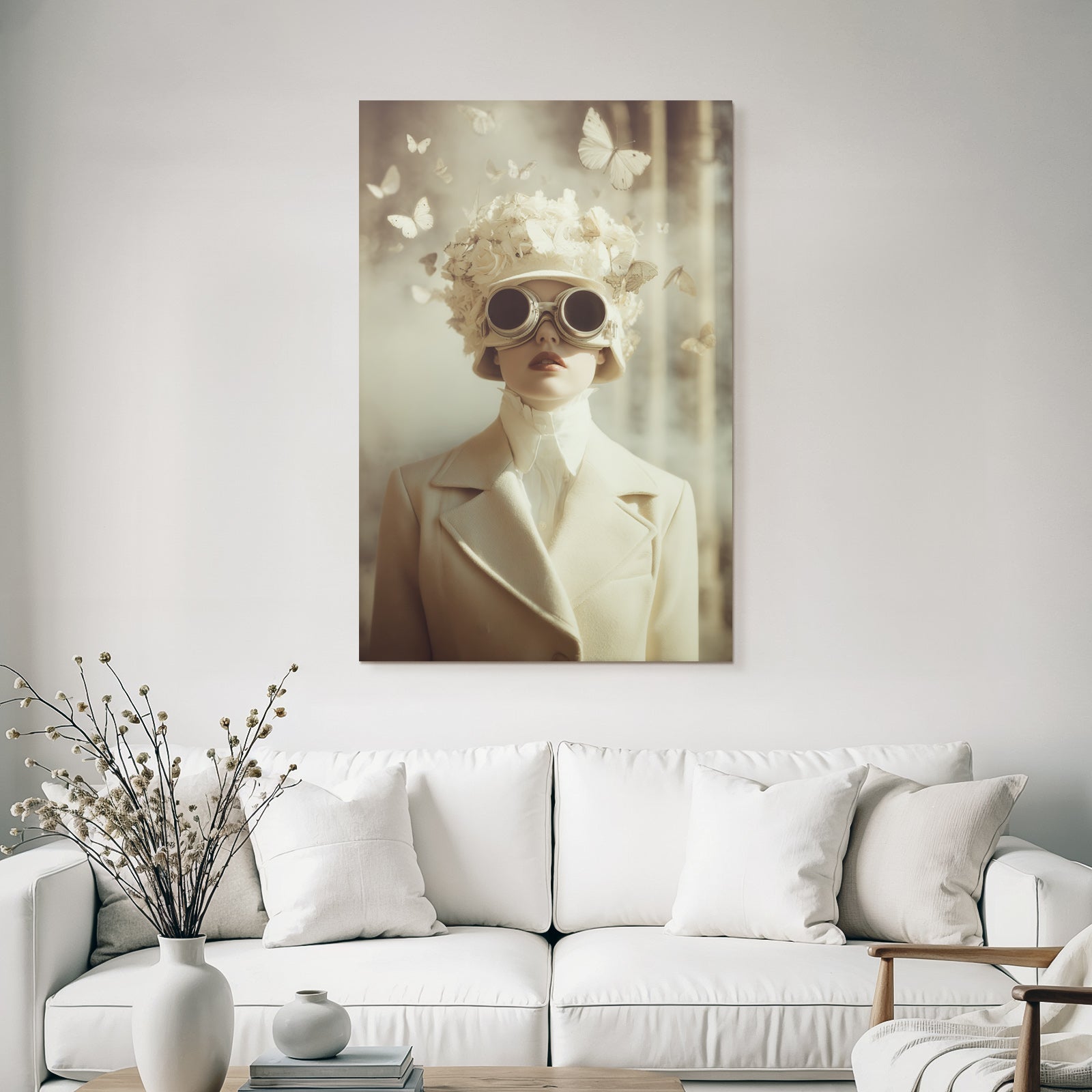 Person Mit Blumenhut Und Goggles Umgeben Von Schmetterlingen Fantasy Aesthetik