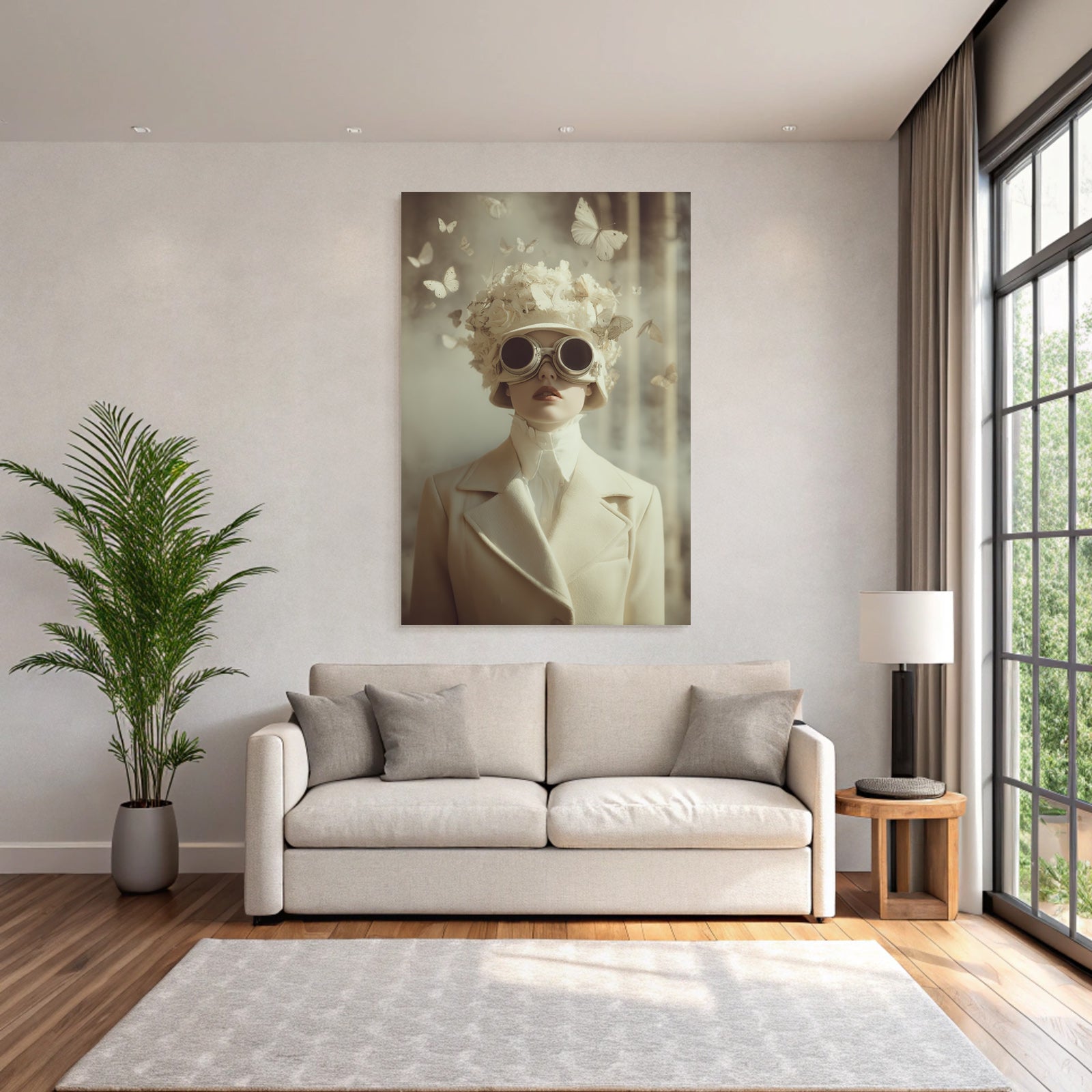 Person Mit Blumenhut Und Goggles Umgeben Von Schmetterlingen Fantasy Aesthetik
