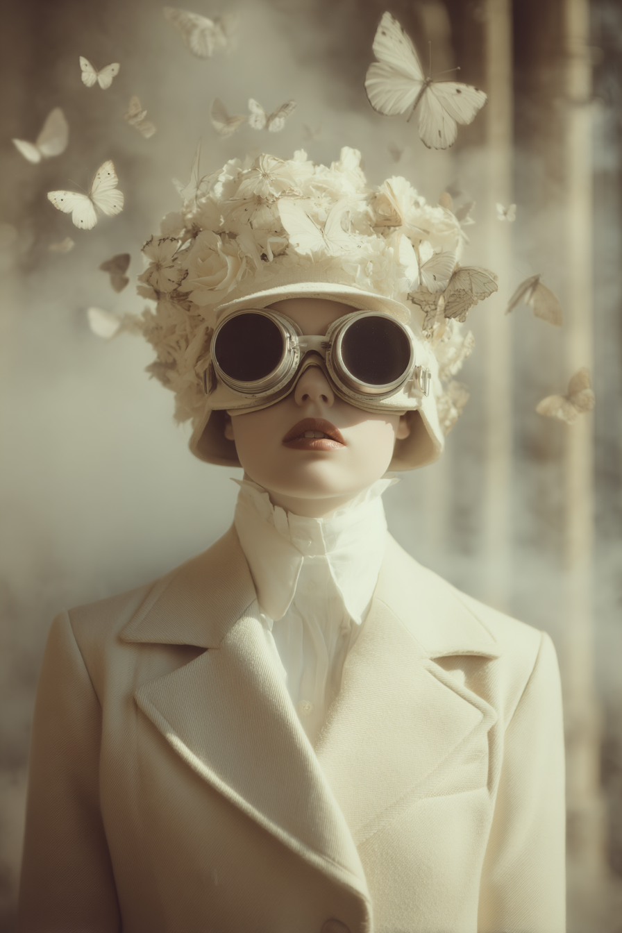 Person Mit Blumenhut Und Goggles Umgeben Von Schmetterlingen Fantasy Aesthetik | Digital Art | Kunstgattungen