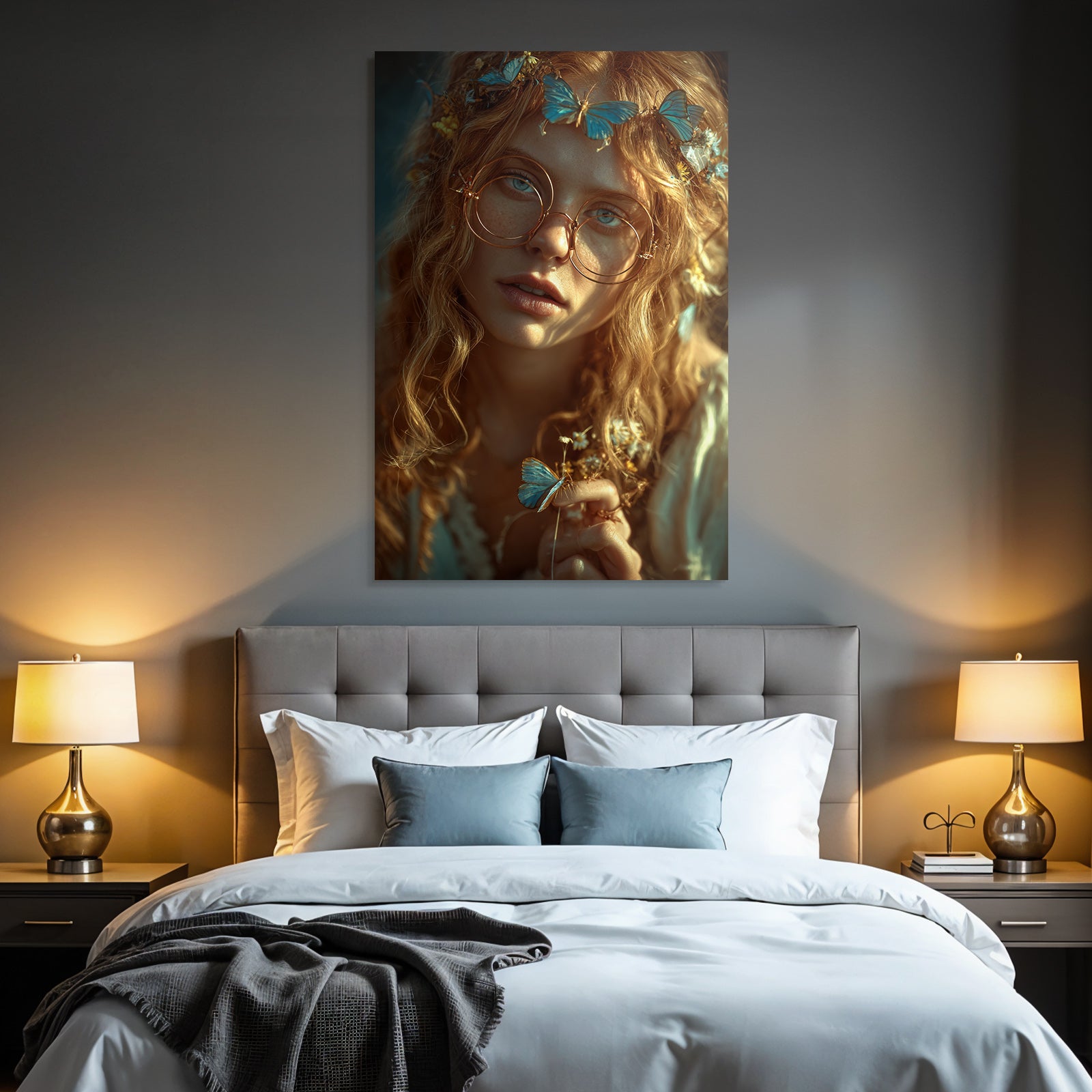 Person Mit Lockigem Haar Und Brillen Blau Von Schmetterlingen Und Blumen