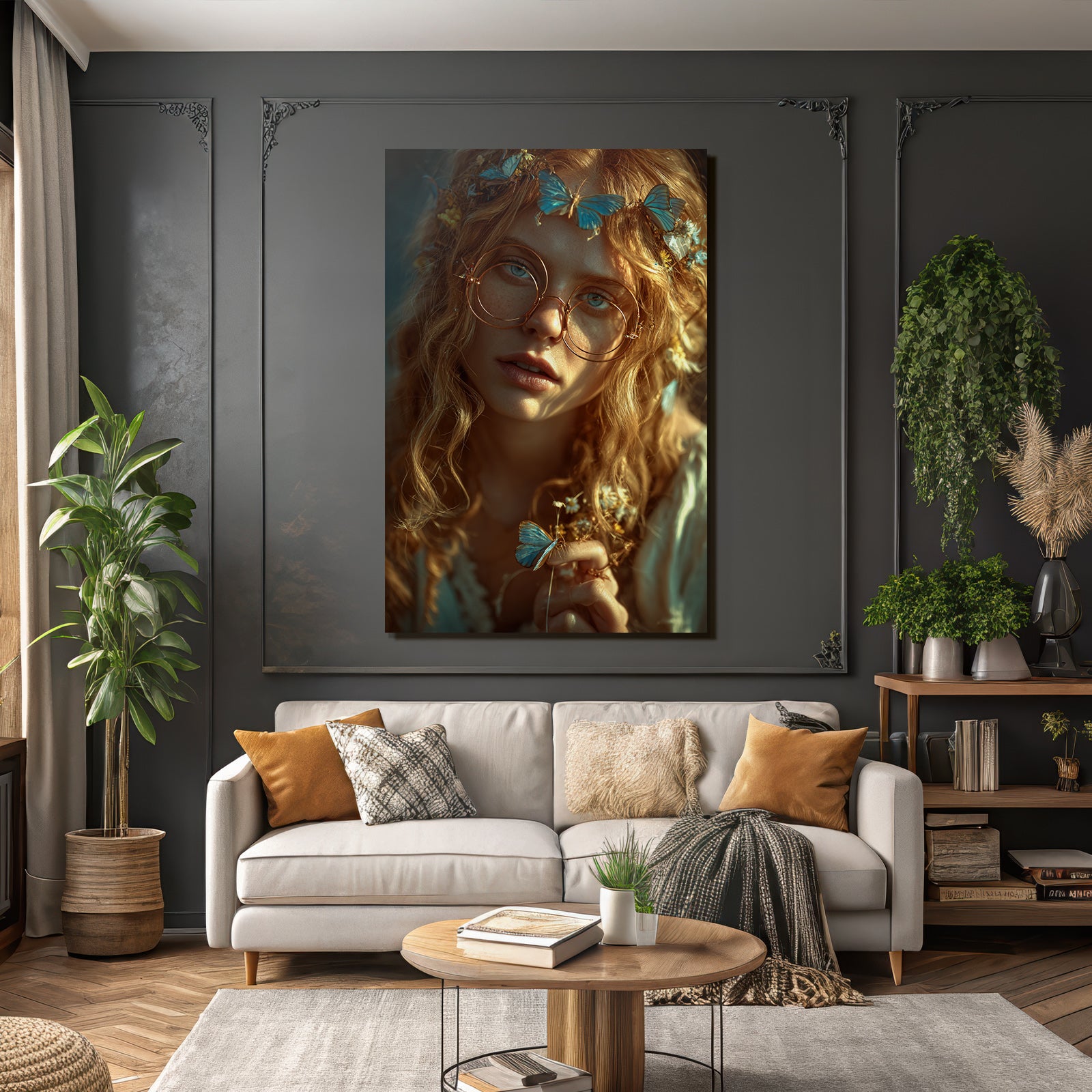 Person Mit Lockigem Haar Und Brillen Blau Von Schmetterlingen Und Blumen