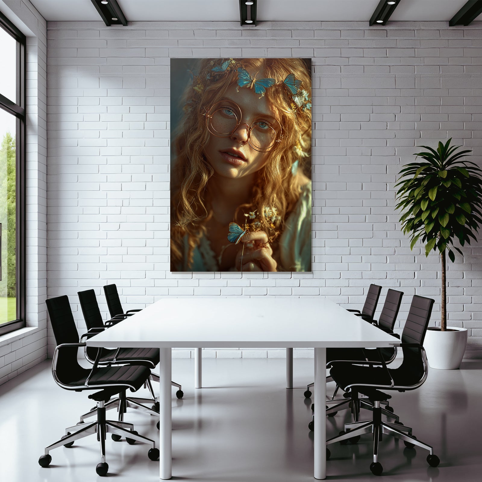 Person Mit Lockigem Haar Und Brillen Blau Von Schmetterlingen Und Blumen