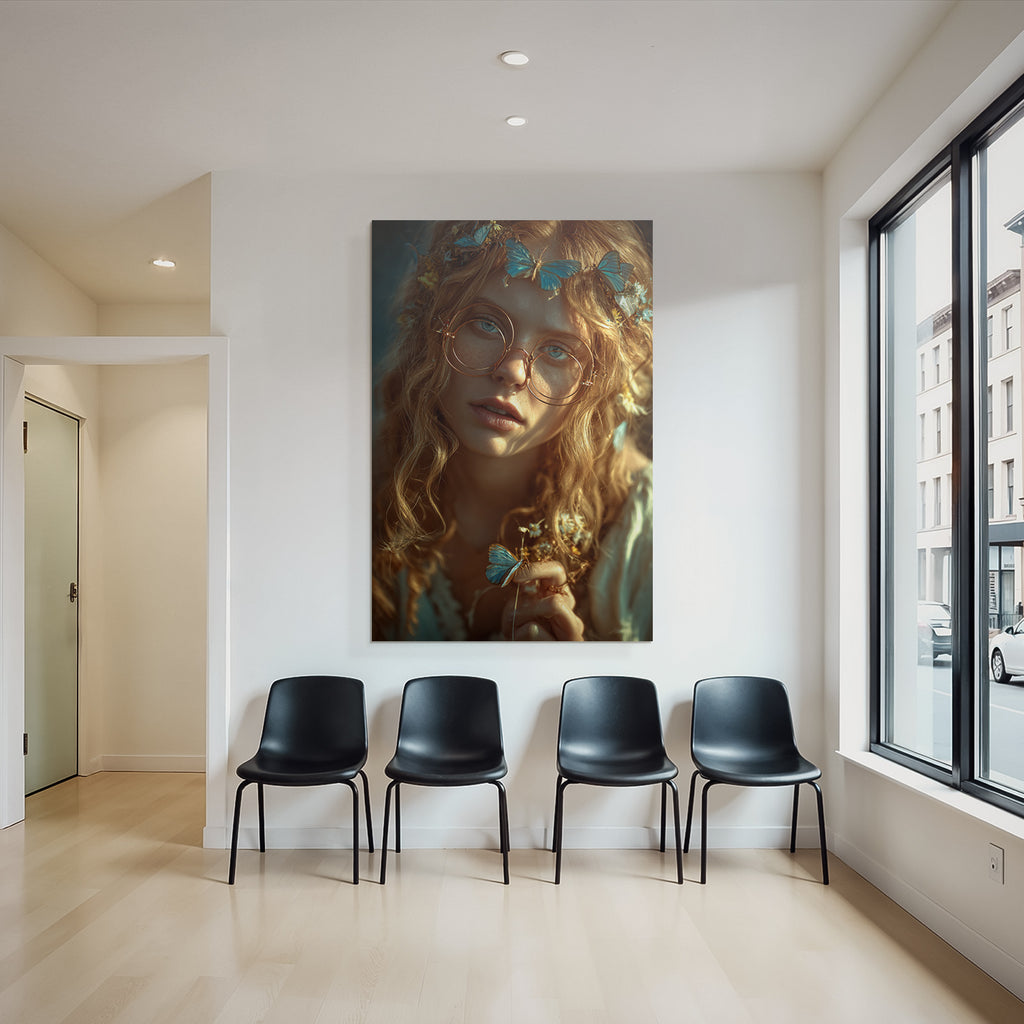Person Mit Lockigem Haar Und Brillen Blau Von Schmetterlingen Und Blumen