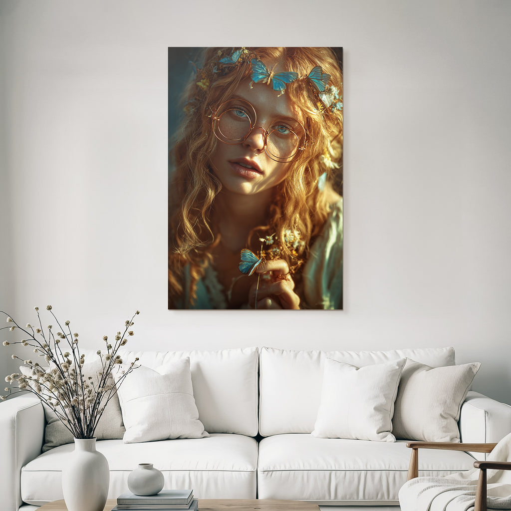 Person Mit Lockigem Haar Und Brillen Blau Von Schmetterlingen Und Blumen