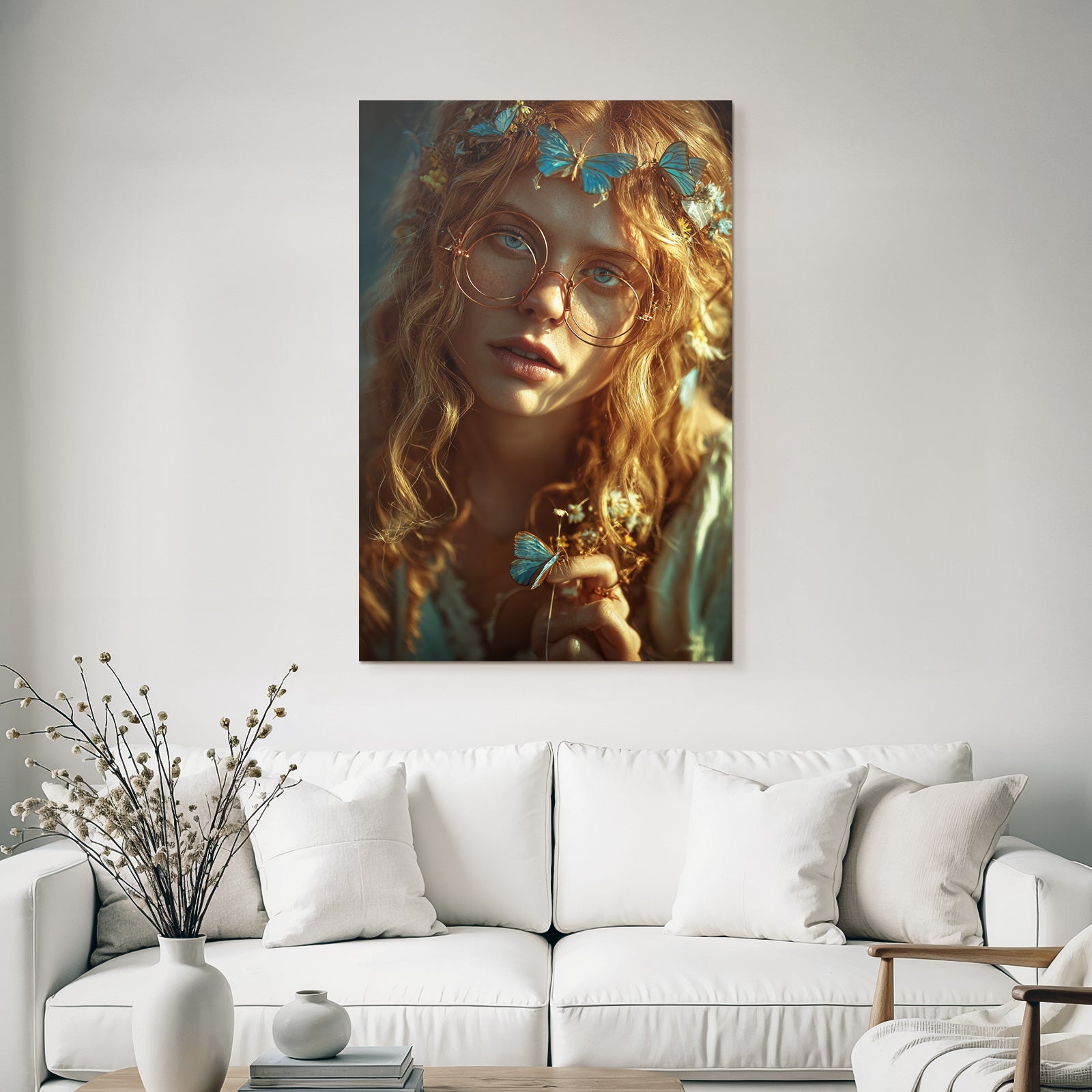 Person Mit Lockigem Haar Und Brillen Blau Von Schmetterlingen Und Blumen