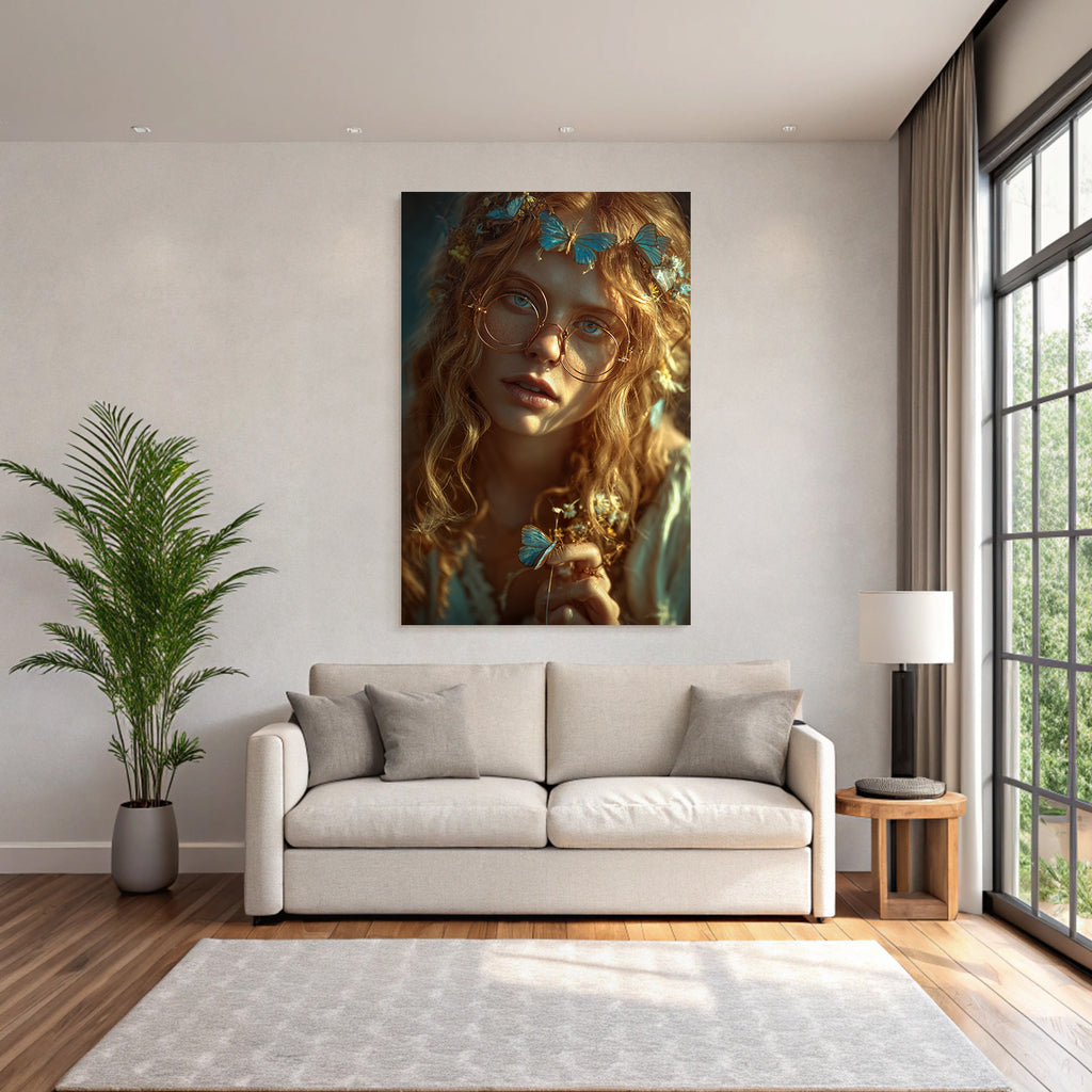 Person Mit Lockigem Haar Und Brillen Blau Von Schmetterlingen Und Blumen