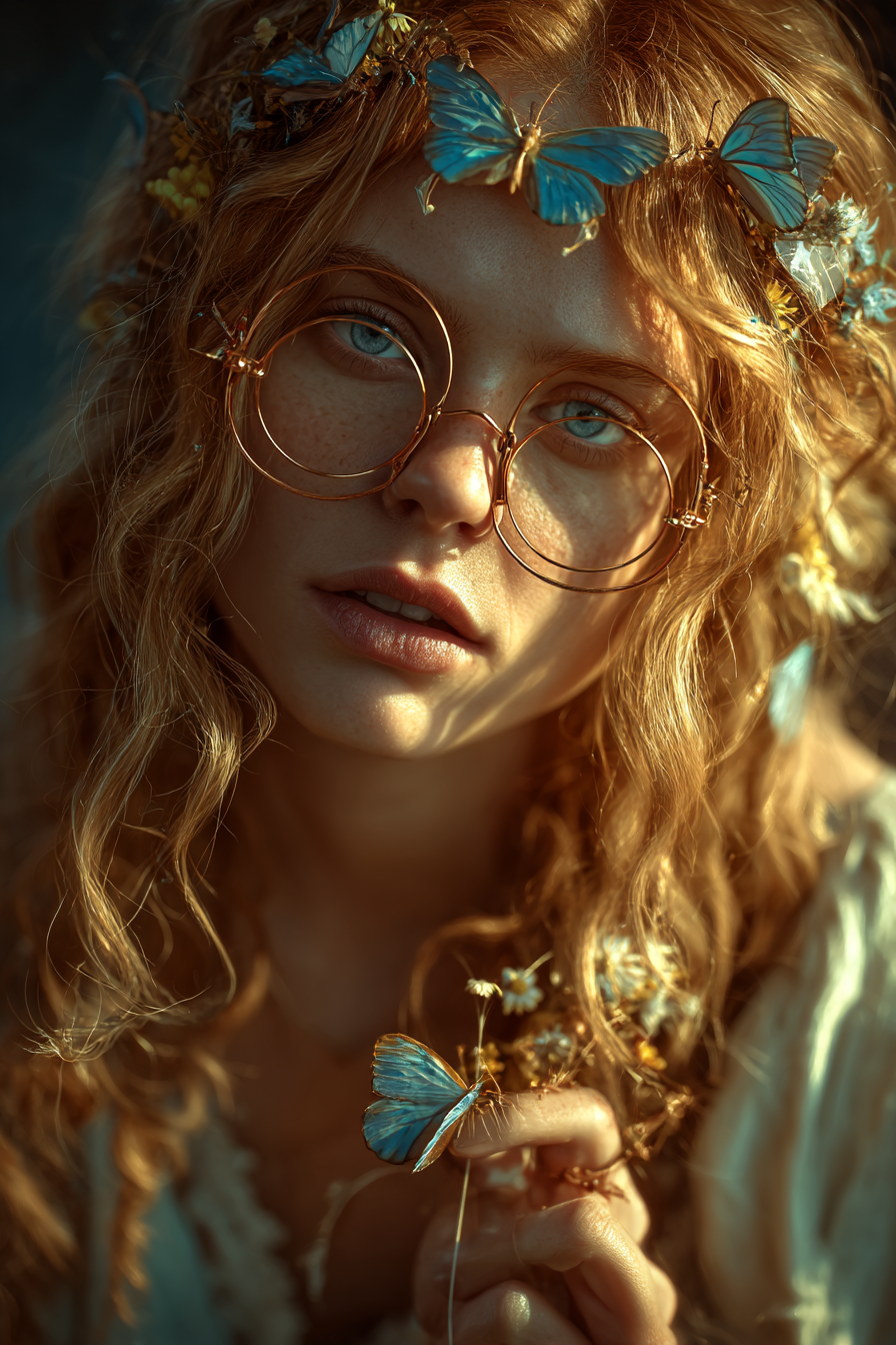 Person Mit Lockigem Haar Und Brillen Blau Von Schmetterlingen Und Blumen | Digital Art | Kunstgattungen