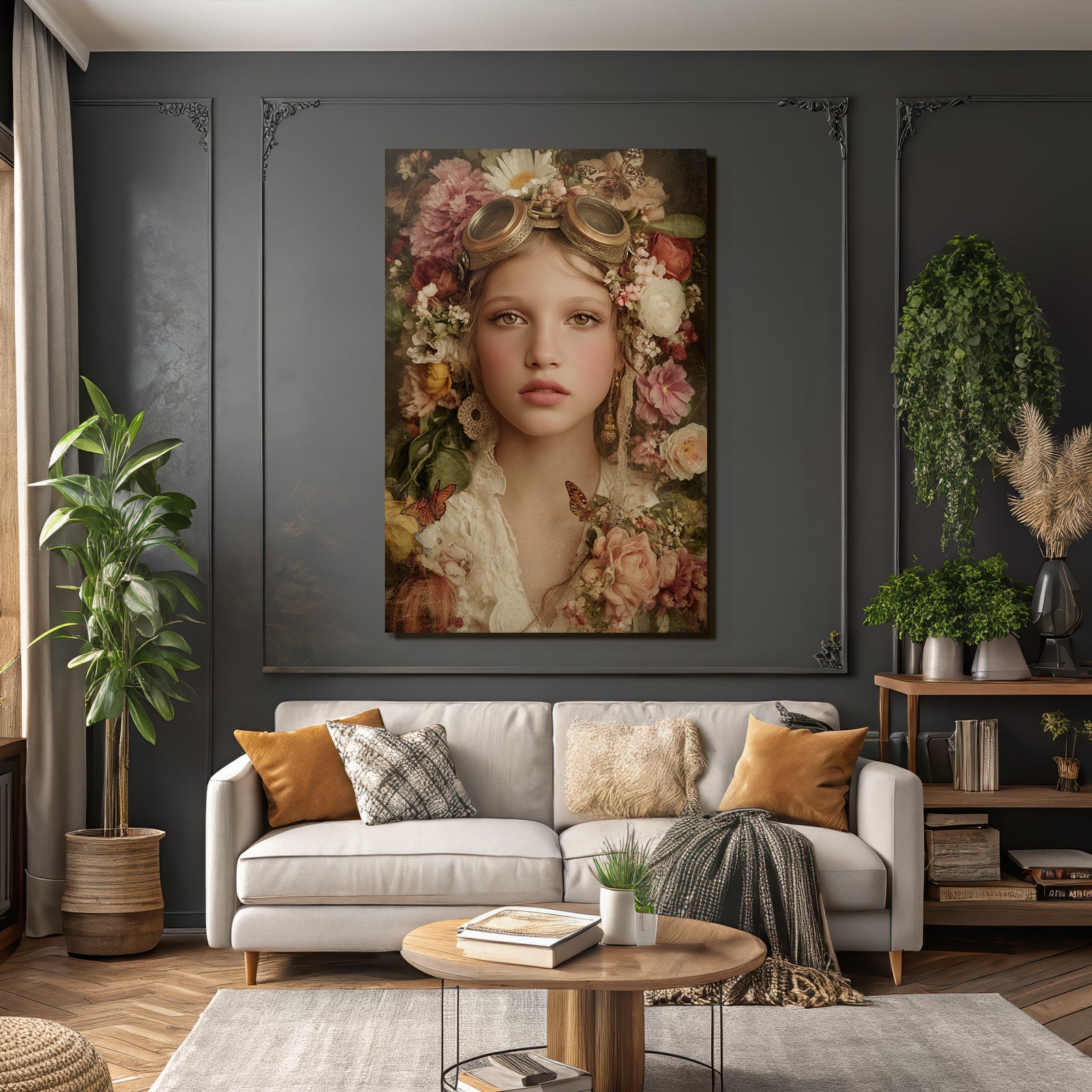 Portrait Mit Blumen Und Dampfkraftbrille Fantasy Natur Imagination