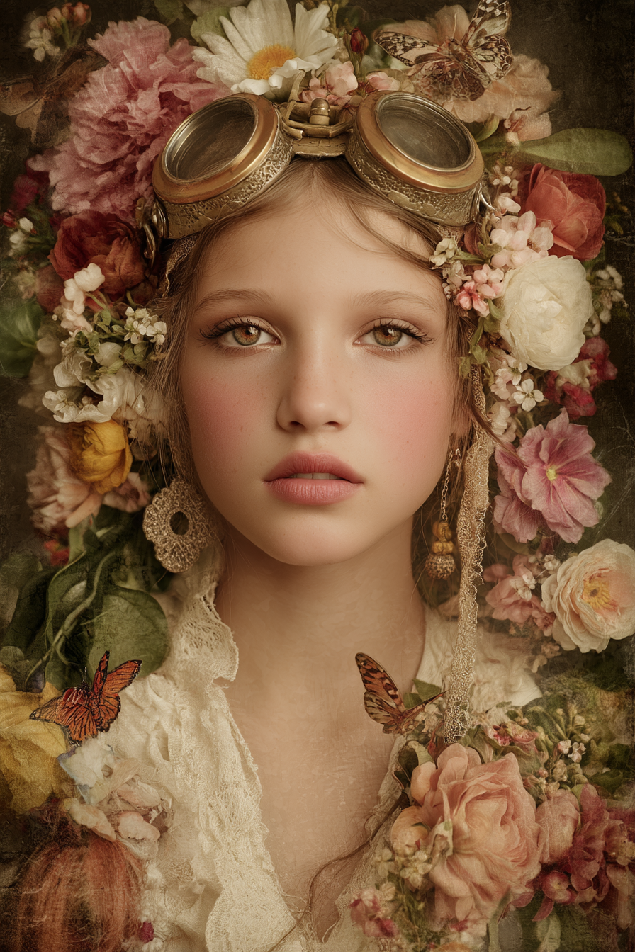 Portrait Mit Blumen Und Dampfkraftbrille Fantasy Natur Imagination | Digital Art | Kunstgattungen