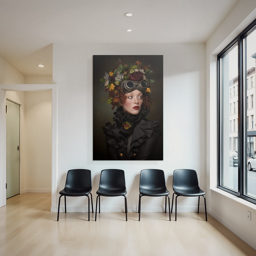 Portrait with headdress butterflies and flower elements fantasy steampunk style