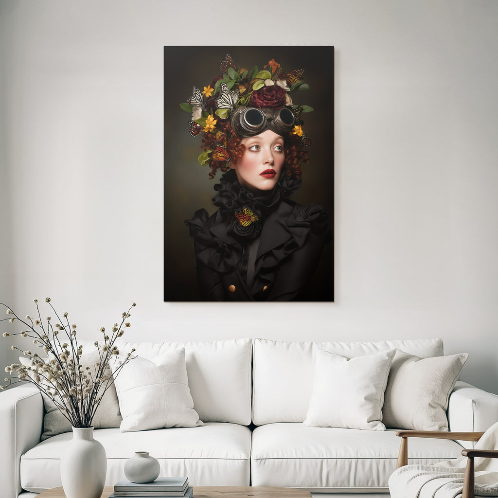 Portrait with headdress butterflies and flower elements fantasy steampunk style