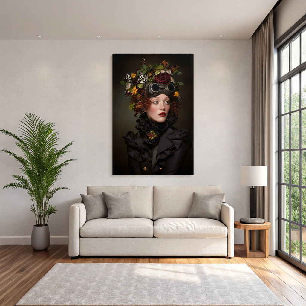 Portrait with headdress butterflies and flower elements fantasy steampunk style