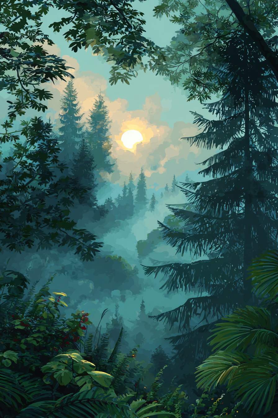Ruhiger Waldlandschaft Mit Nebel Und Aufgehender Sonne. | Digital Art | Kunstgattungen