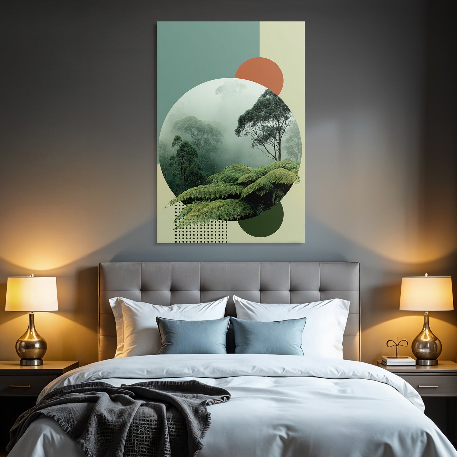 Scenic View Lush Misty Forest With Geometric Shapes