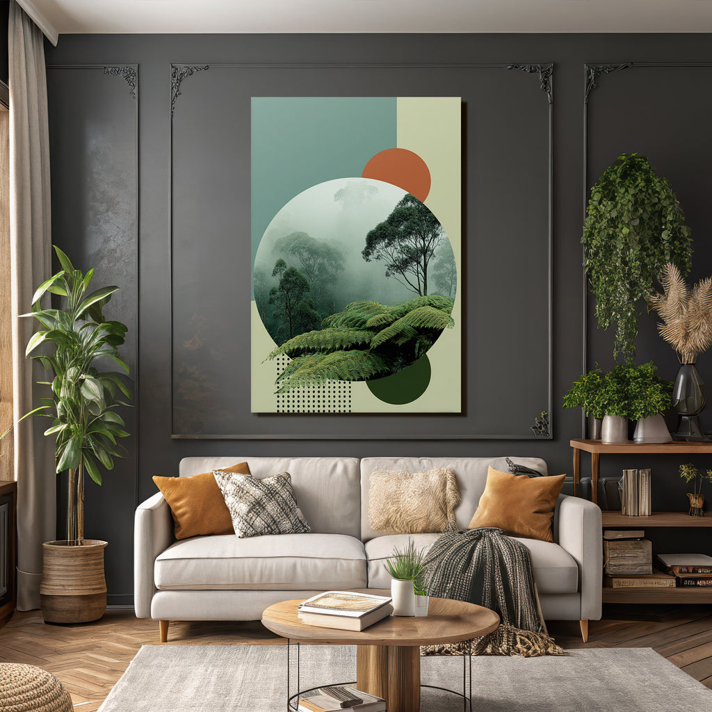 Scenic View Lush Misty Forest With Geometric Shapes