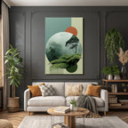 Scenic View Lush Misty Forest With Geometric Shapes
