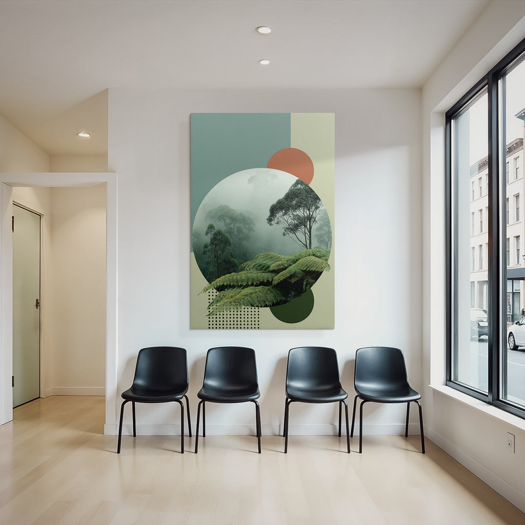 Scenic View Lush Misty Forest With Geometric Shapes