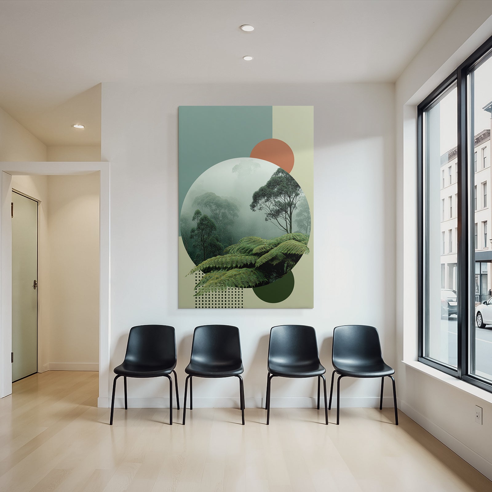 Scenic View Lush Misty Forest With Geometric Shapes