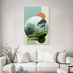Scenic View Lush Misty Forest With Geometric Shapes