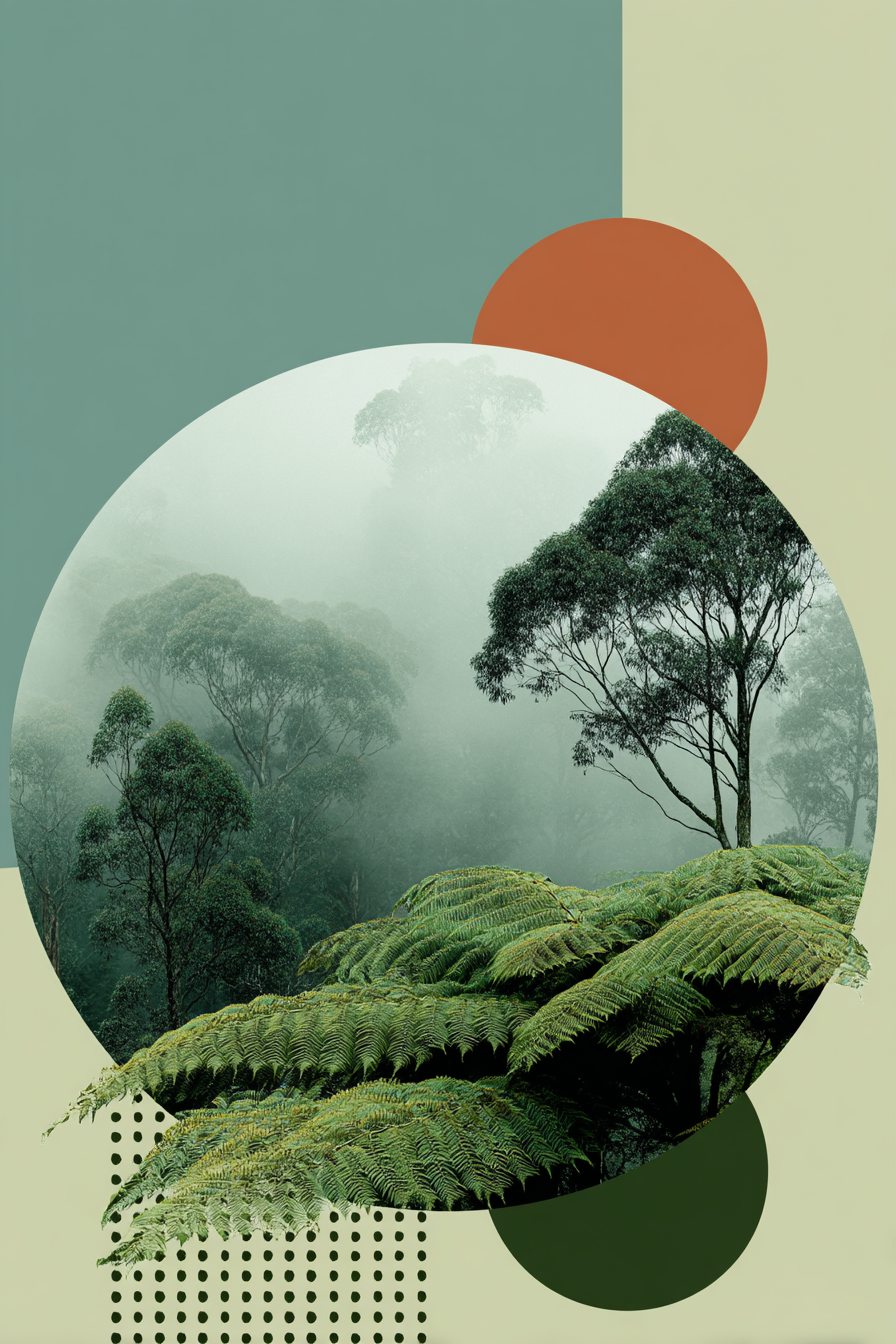 Scenic View Lush Misty Forest With Geometric Shapes | Digital Art | Kunstgattungen