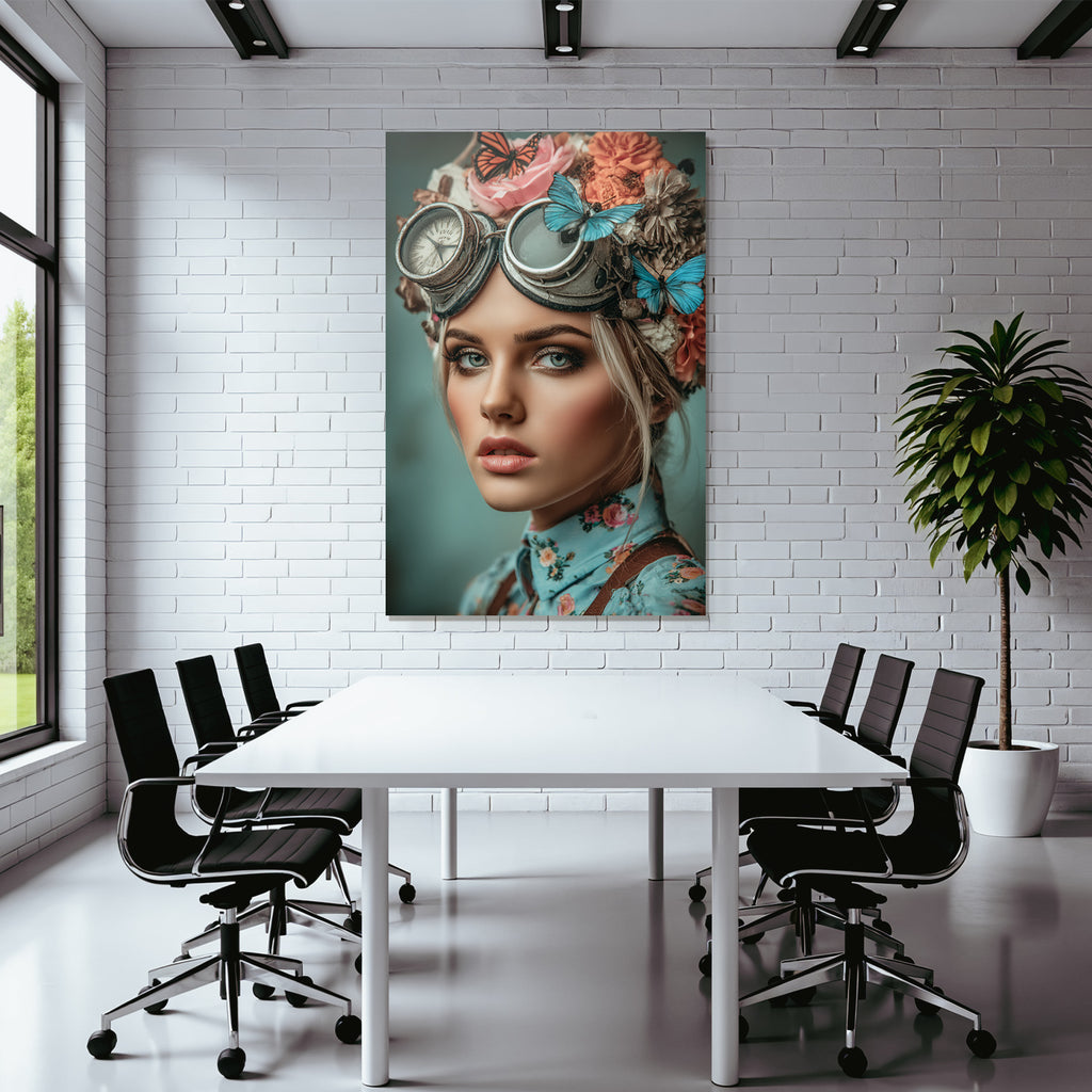 Steampunk Portrait Mit Blumen Und Butterflies Vintage Goggles