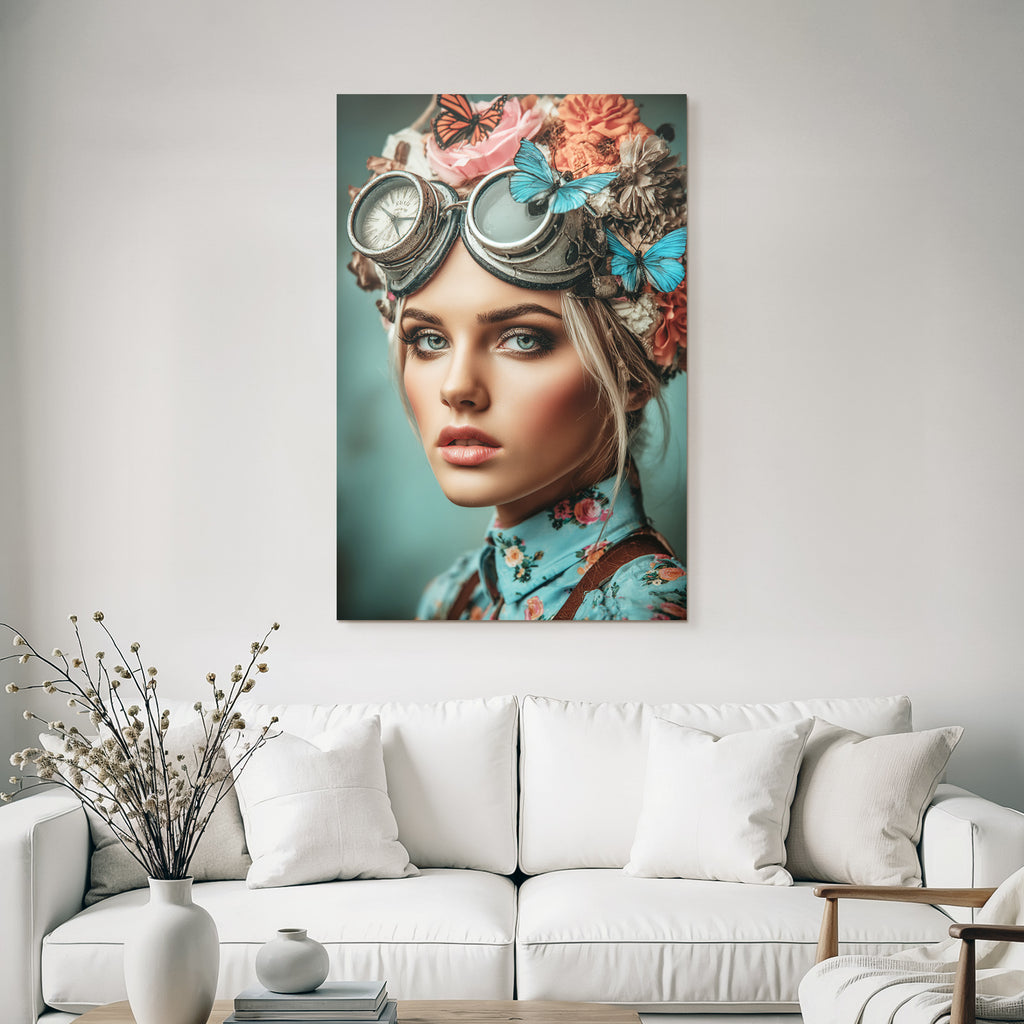 Steampunk Portrait Mit Blumen Und Butterflies Vintage Goggles
